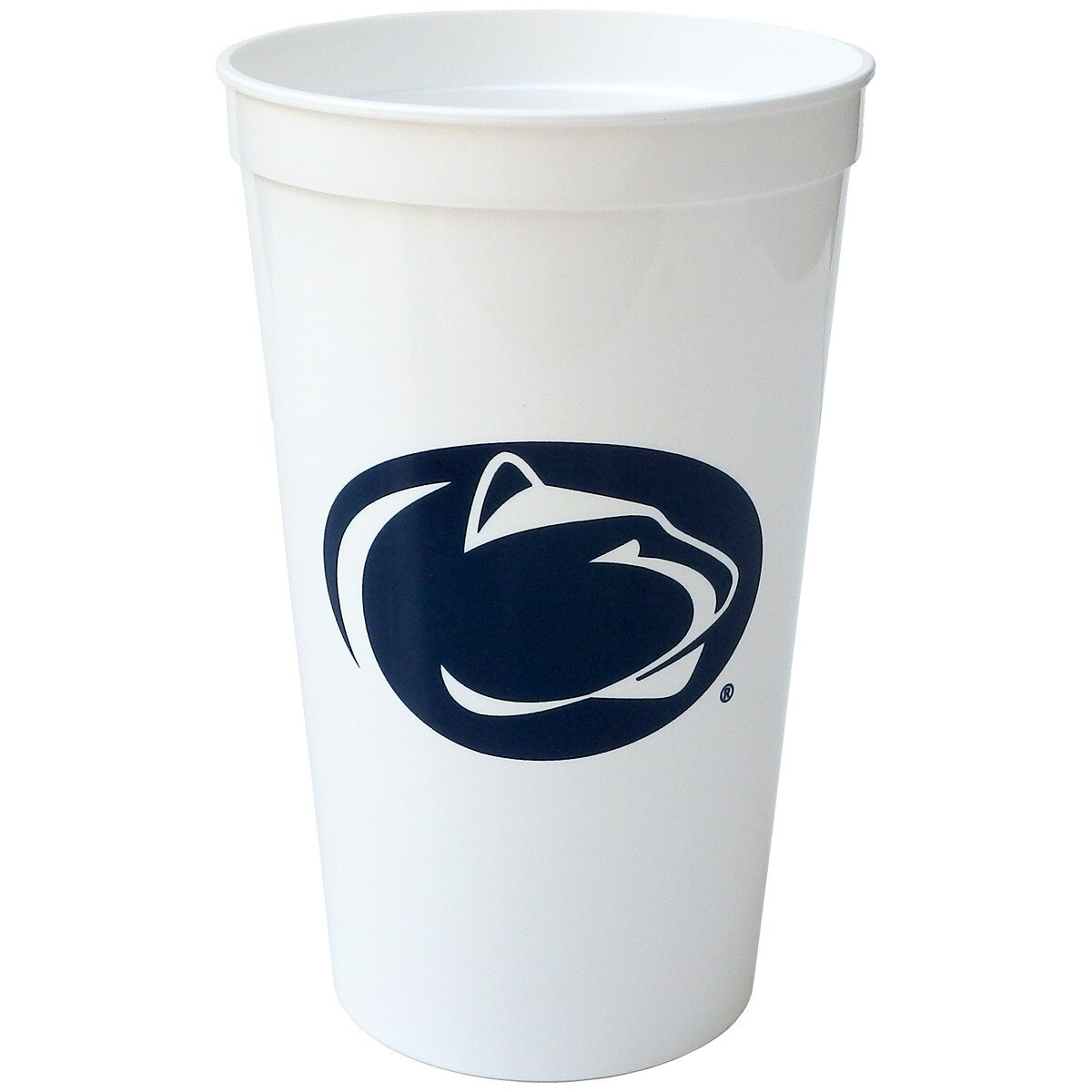 white plastic cup with navy Penn State Athletic Logo